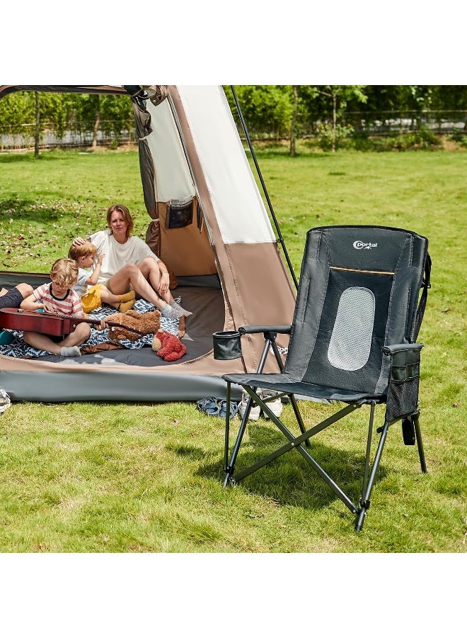 Portal Oversized Quad Folding Camping Chair High Back Cup Holder Hard Armrest Storage Pockets Carry Bag Included, Support 300 lbs, Black