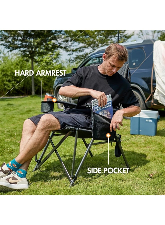 Portal Oversized Quad Folding Camping Chair High Back Cup Holder Hard Armrest Storage Pockets Carry Bag Included, Support 300 lbs, Black