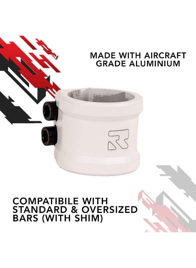 ROOT INDUSTRIES Lithium Double Clamp - Pro Trick Stunt Scooter Clamp - Compatible with Freestyle Bars Standard/Oversized - Variety of Colors - 2 Bolt 6mm Compression for Kick Push Scooter (White)