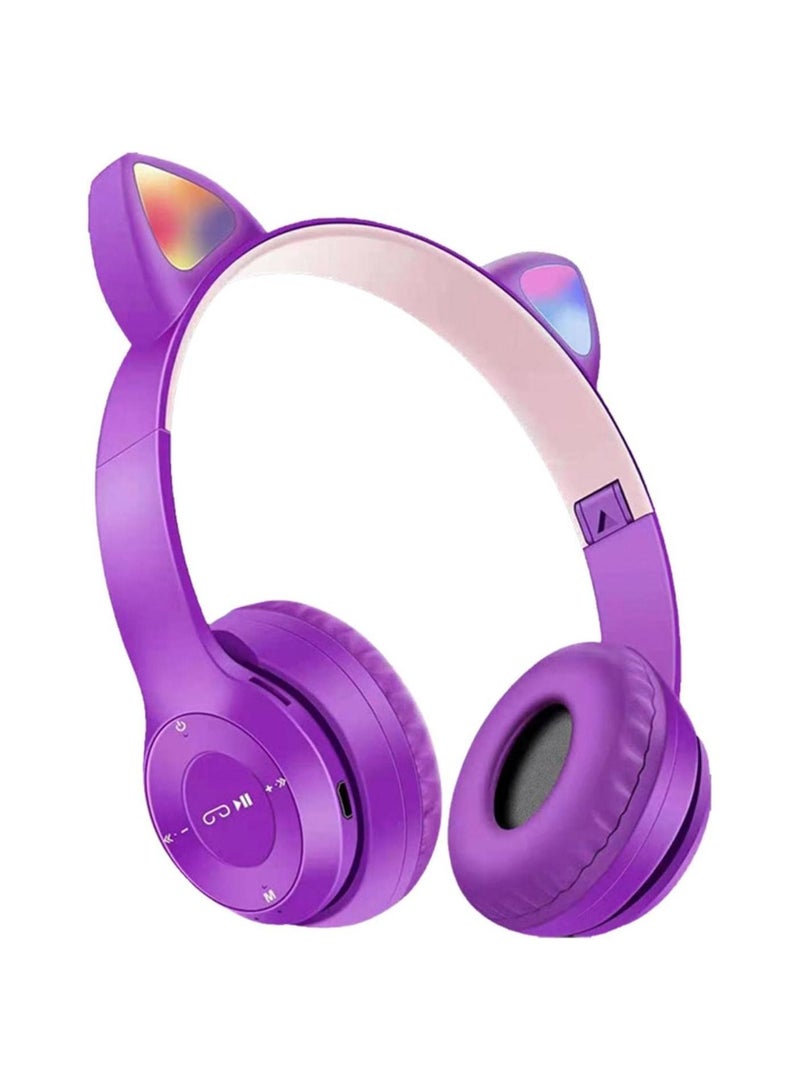 P47M Cat Ears Wireless Bluetooth Headset  With Foldable Glowing  Stereo Noise Canceling Headphones