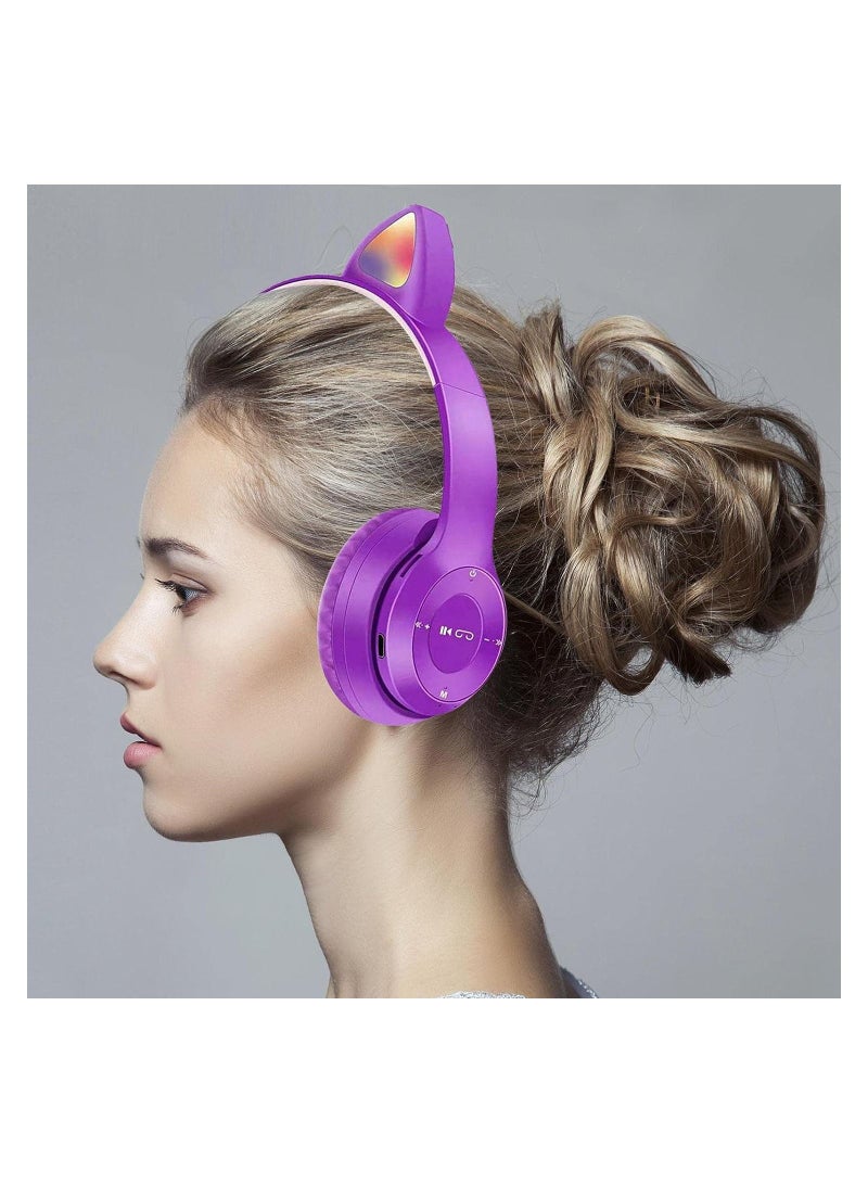 P47M Cat Ears Wireless Bluetooth Headset  With Foldable Glowing  Stereo Noise Canceling Headphones