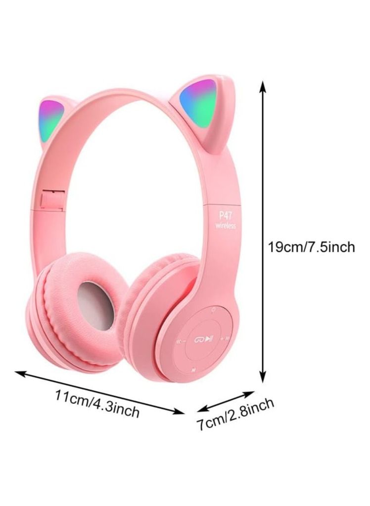 P47M Cat Ears Wireless Bluetooth Headset  With Foldable Glowing  Stereo Noise Canceling Headphones