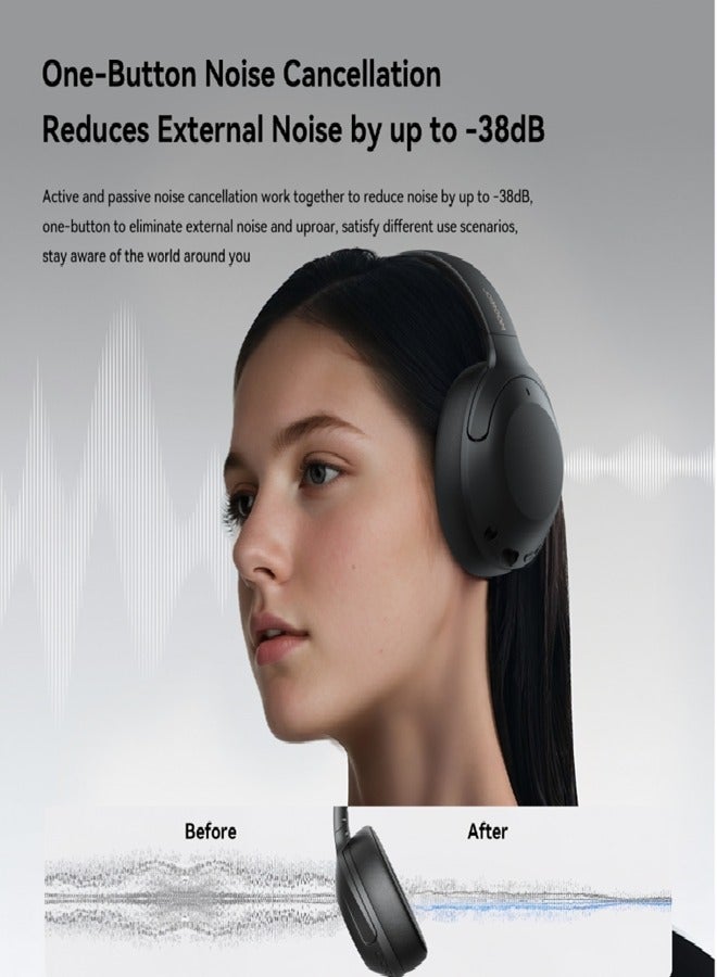 JR-JH2 Hybrid Active Noise Cancelling Headphones, Wireless Over-Ear Bluetooth, 40H Long ANC Playtime, Hi-Res Audio, Big Bass, Customize Via An App, Transparency Mode, Ideal For Travel Black