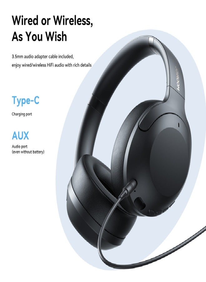 JR-JH2 Hybrid Active Noise Cancelling Headphones, Wireless Over-Ear Bluetooth, 40H Long ANC Playtime, Hi-Res Audio, Big Bass, Customize Via An App, Transparency Mode, Ideal For Travel Black