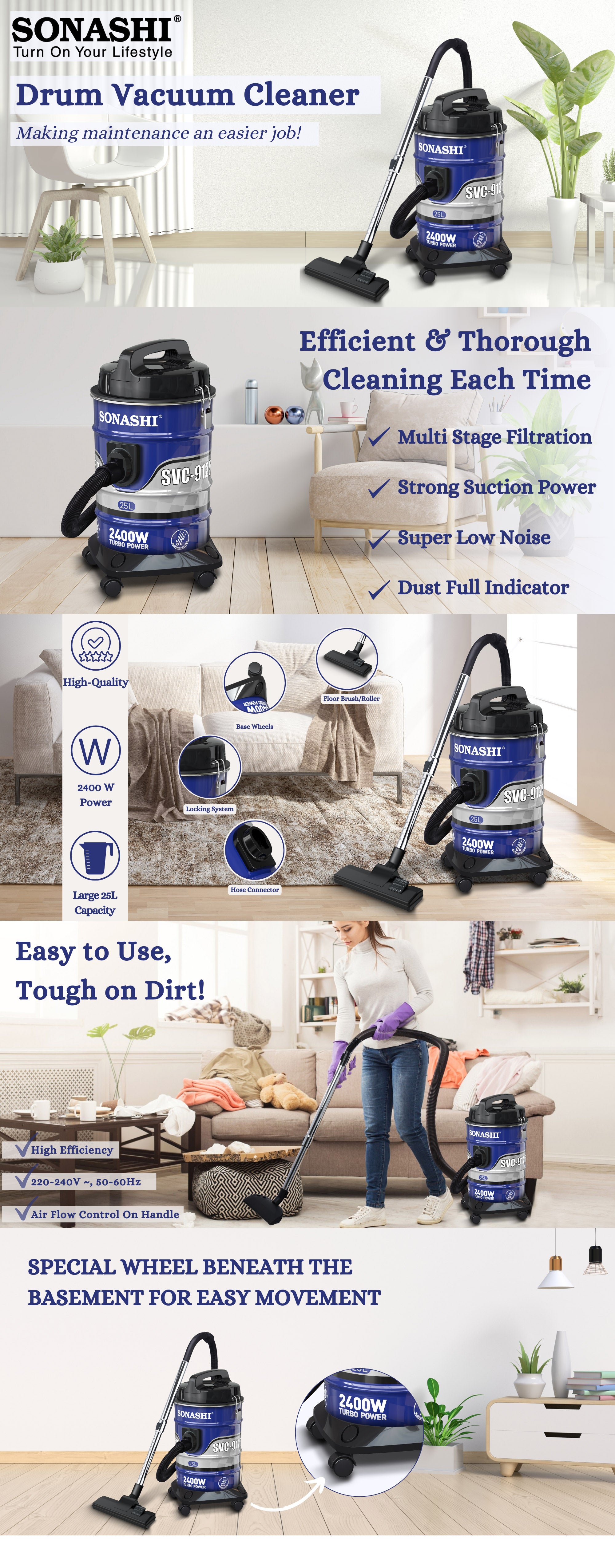 Drum Vacuum Cleaner with 25L Dust Capacity | Strong Suction with Low Noise | Multi-Stage Filtration with Dust Full Indicator | Wheel Base for Easy Use | For Home & Offices 25 L 2400 W SVC-9125D Blue