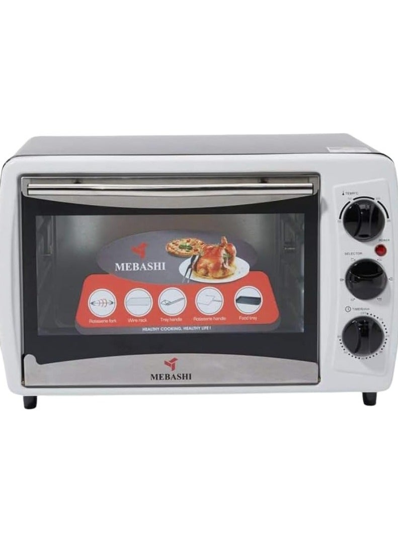 MEBASHI 19L Electric Oven Toaster, White, 100-250°C Temperature, 60 Minutes Timer,(1380W) Rotisserie Function (ME-EOV1901KR)