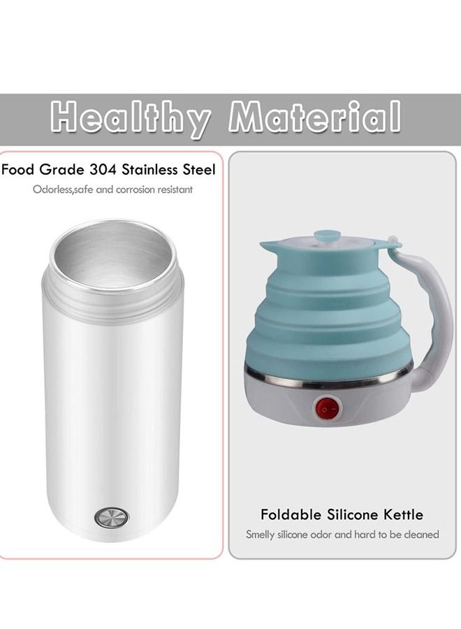 Portable Electric Kettle 400ml Travel Tea Kettle with Non stick Coating Double Wall Water Boiler Bottle Insulated Coffee Thermos Mug Fast Boil and Auto Shut Off Hot Water Heater (White)