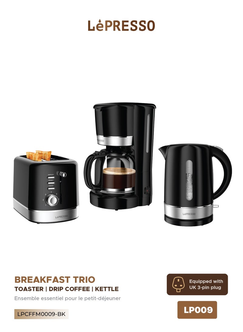 3 in 1 Breakfast Set with 1.7L Kettle and 2 slice Toaster and 1.5L Drip Coffee Machine and Coffee Maker- Black