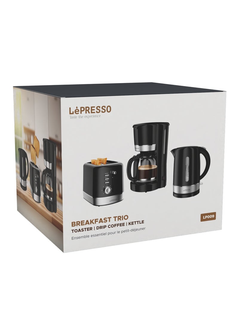 3 in 1 Breakfast Set with 1.7L Kettle and 2 slice Toaster and 1.5L Drip Coffee Machine and Coffee Maker- Black