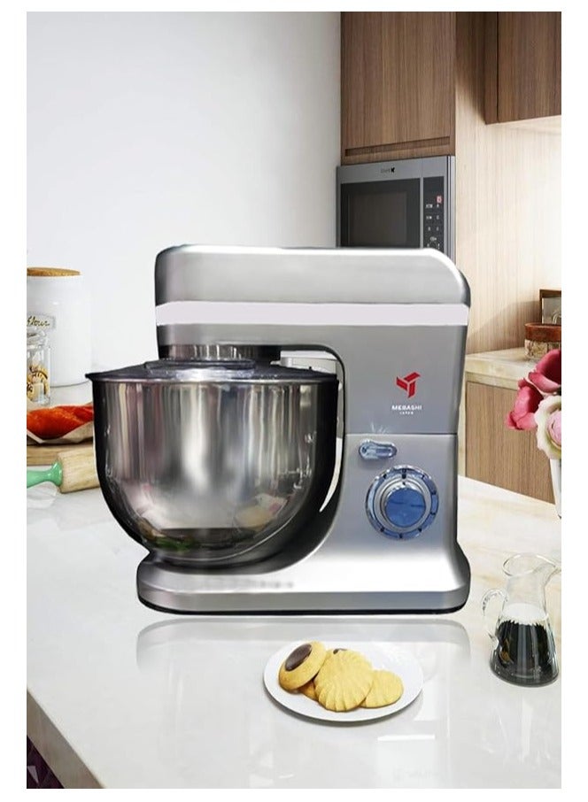 MEBASHI 12 Litre Stainless Steel Bowl Mixer, 6 Speed Control with Pulse, Accessories (ME-SBM1114) (Cilver)