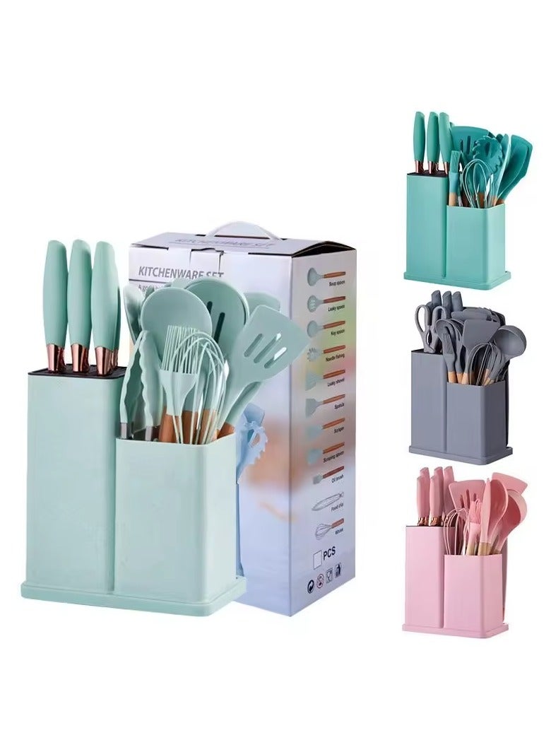 19 Pcs Set of Silicon Kitchen Utensil with Wooden Handle and cutting Board, storage bucket