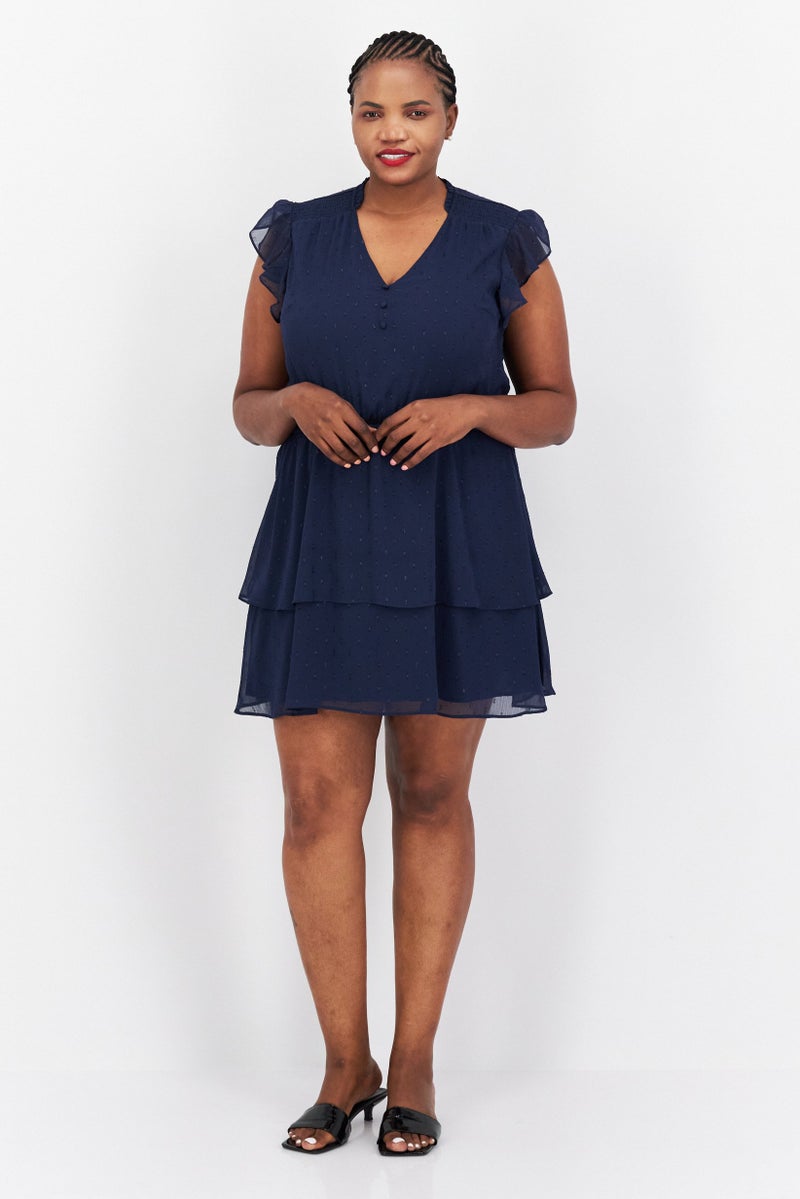 Women Textured Mini Dress, Navy Blue