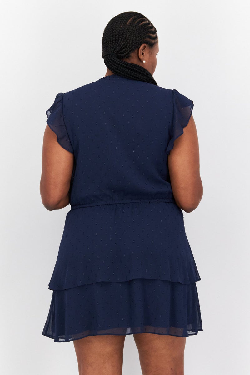 Women Textured Mini Dress, Navy Blue