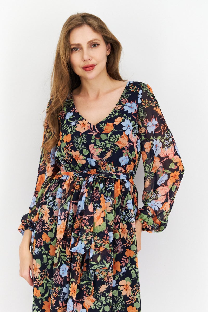 Women Floral Printed Maxi Dress, Navy Combo