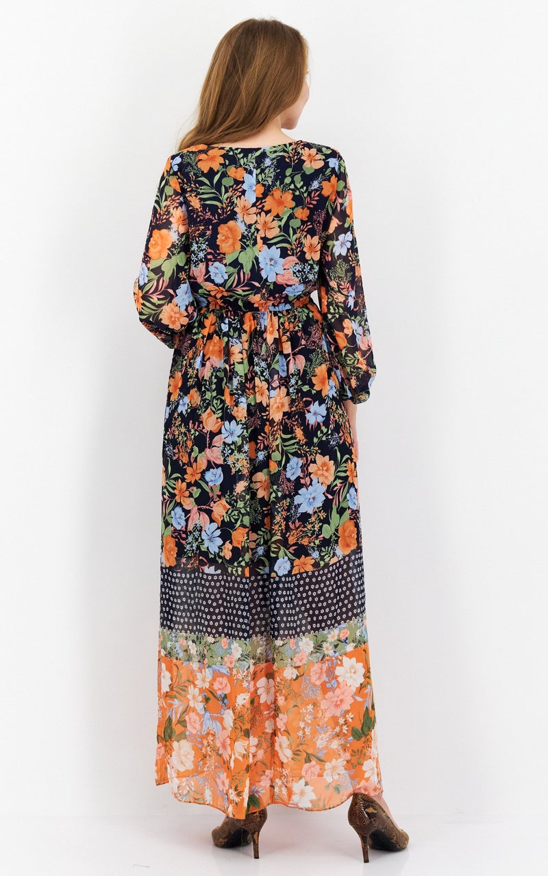 Women Floral Printed Maxi Dress, Navy Combo