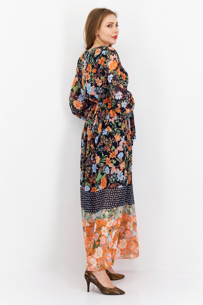 Women Floral Printed Maxi Dress, Navy Combo