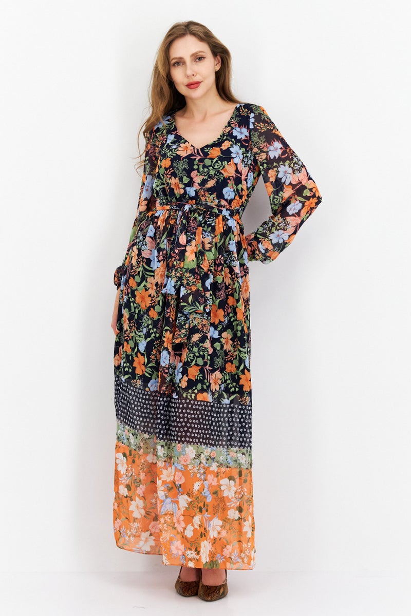 Women Floral Printed Maxi Dress, Navy Combo