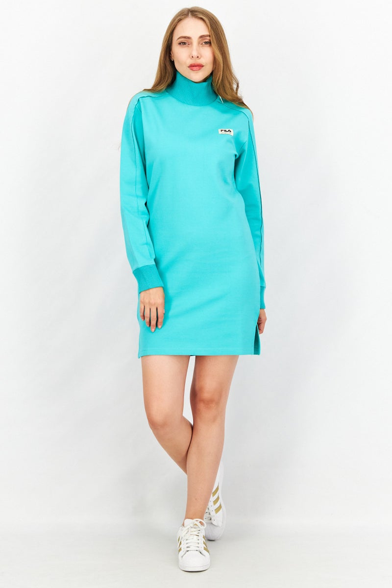 Women Sportswear Fit Brand Logo Muck Neck Midi Dress, Dusty Blue