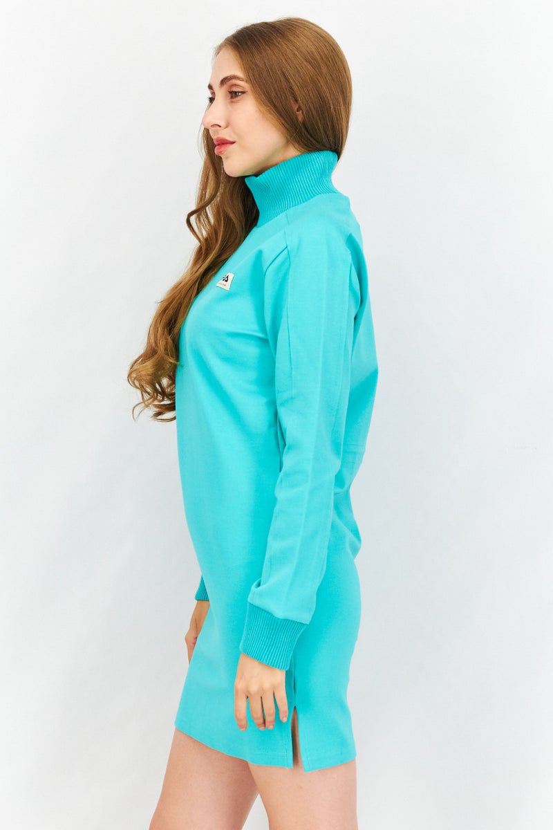 Women Sportswear Fit Brand Logo Muck Neck Midi Dress, Dusty Blue