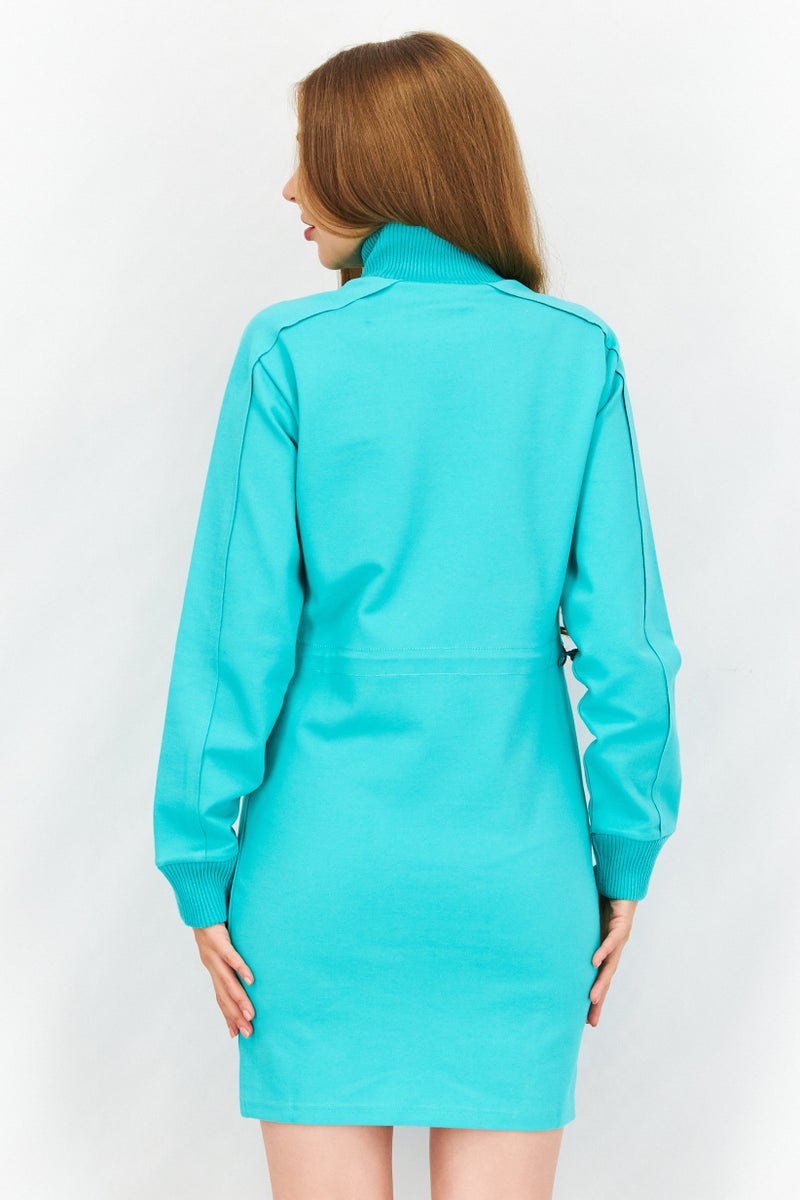 Women Sportswear Fit Brand Logo Muck Neck Midi Dress, Dusty Blue