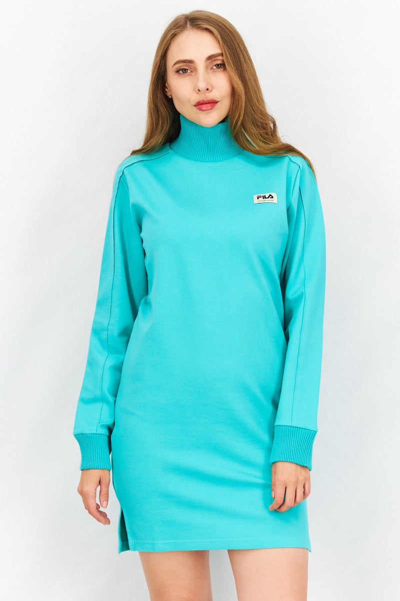 Women Sportswear Fit Brand Logo Muck Neck Midi Dress, Dusty Blue
