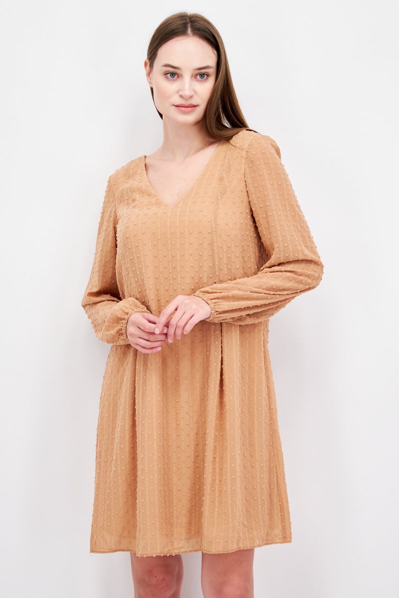 Women Textured Chiffon Back Tie Detail Shift Dress, Tan