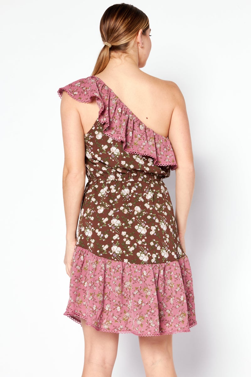 Women Floral Printed Mini Dress, Brown Combo