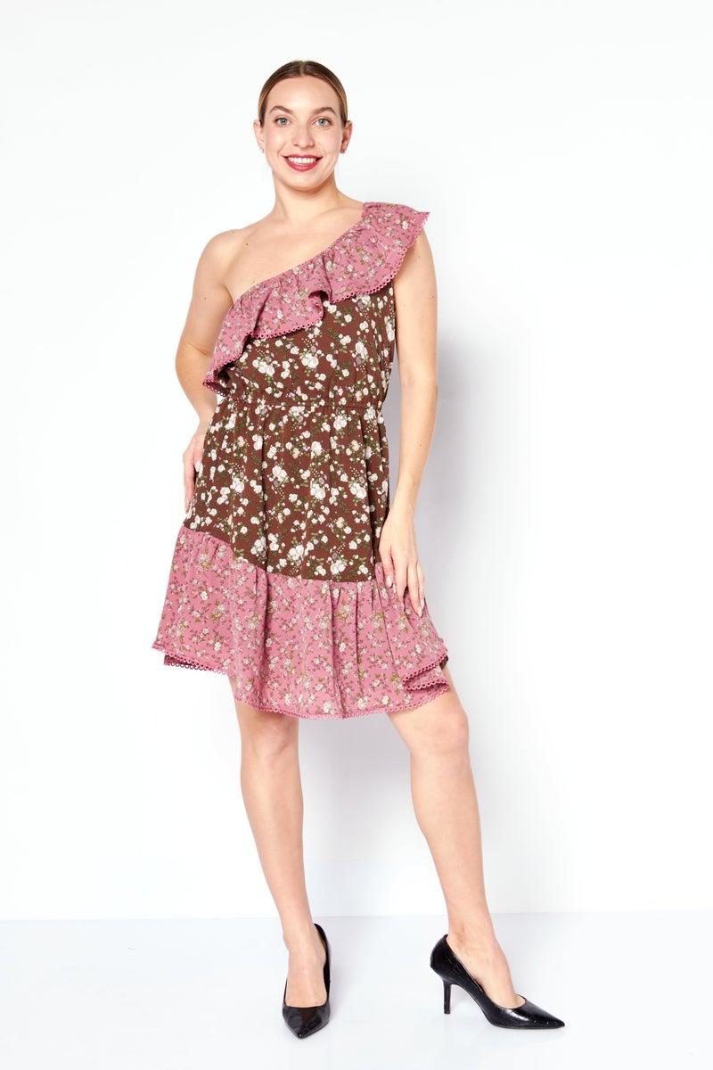 Women Floral Printed Mini Dress, Brown Combo