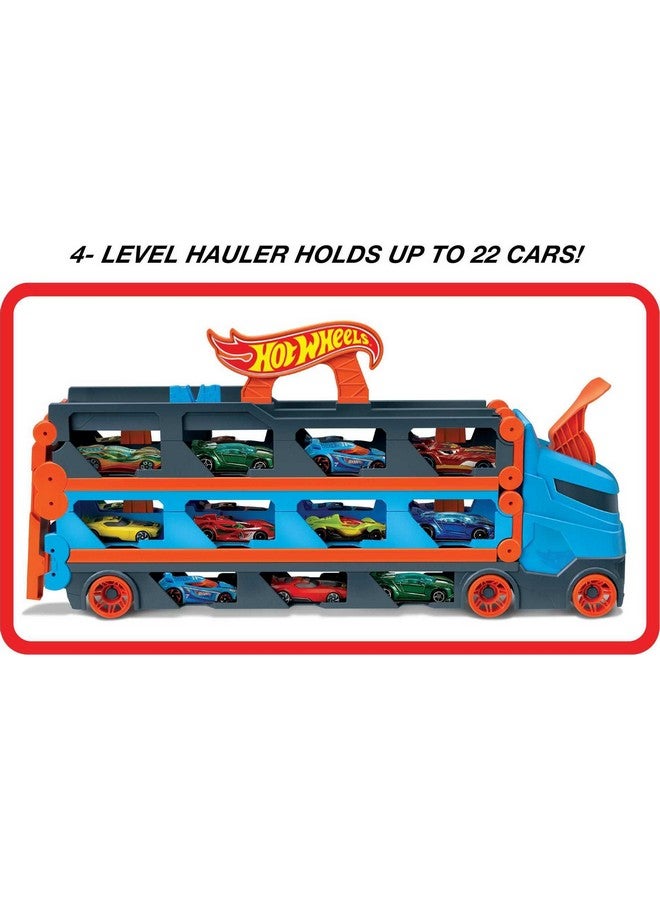 Speedway Hauler Storage Carrier With 3 1:64 Scale Cars & Convertible 6 Foot Drag Race Track For Kids 4 To 8 Years Old, Stores 20+ Cars & Connects To Other Playsets, Hgh33