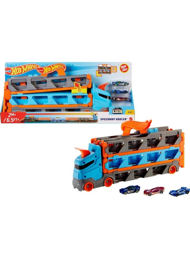 Speedway Hauler Storage Carrier With 3 1:64 Scale Cars & Convertible 6 Foot Drag Race Track For Kids 4 To 8 Years Old, Stores 20+ Cars & Connects To Other Playsets, Hgh33