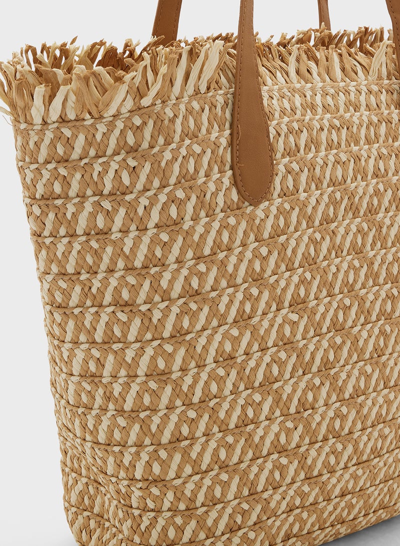 Woven Frayed Edge Raffia Tote Bag