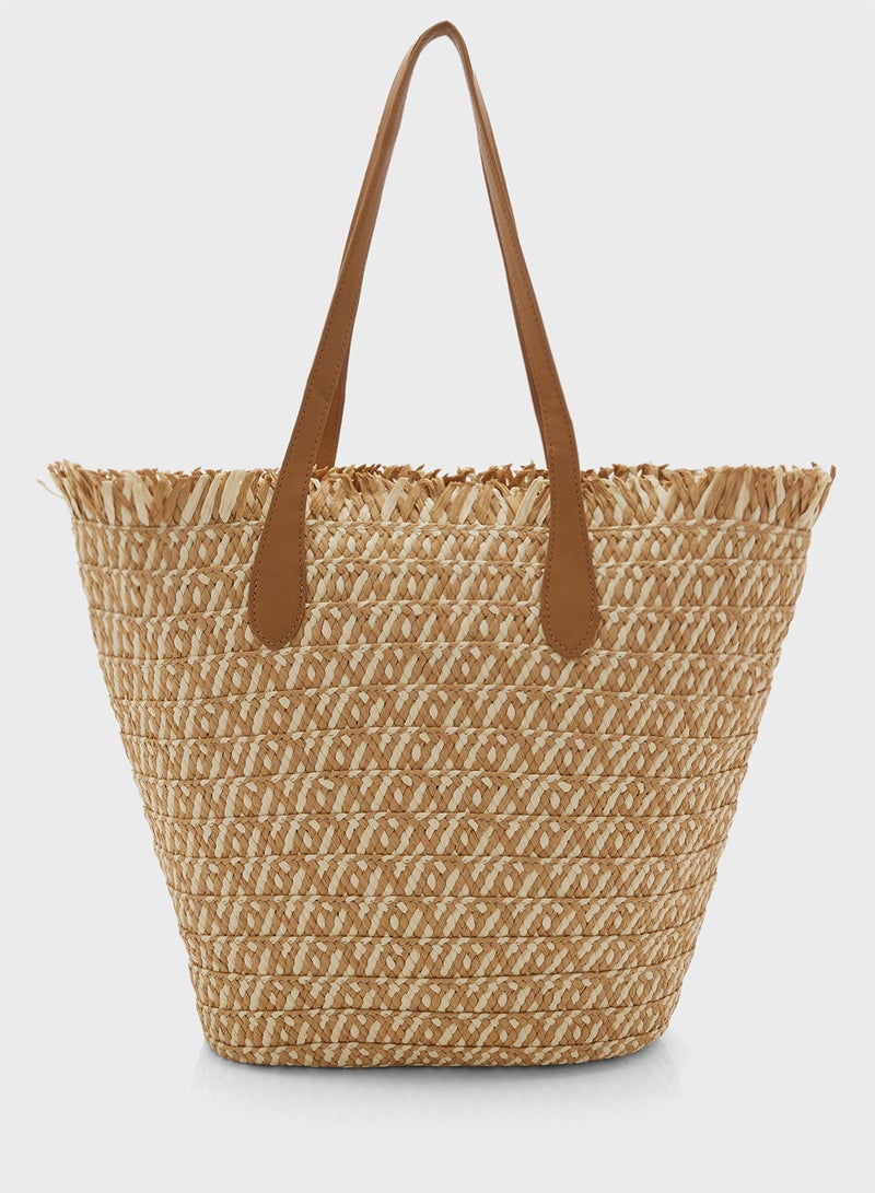 Woven Frayed Edge Raffia Tote Bag