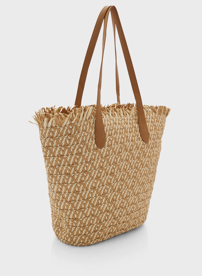 Woven Frayed Edge Raffia Tote Bag