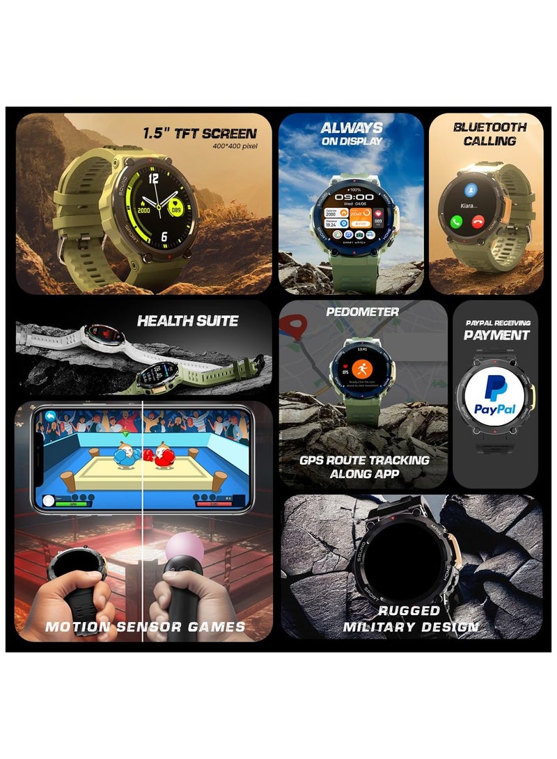 Fire-Boltt Artillery 1.5” HD Display Smart Watch, Shockproof Design, Rugged Looks, Motion Sensor Gaming, 320 mAh Battery, Bluetooth Calling, 100+ Sports Modes, Health Suite, Inbuilt Games (Green)