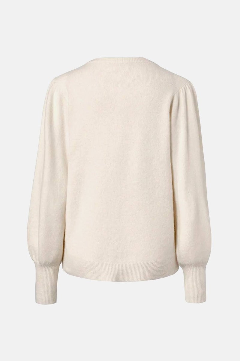 Women Fine Knit Puff Sleeves Cardigan, Cream