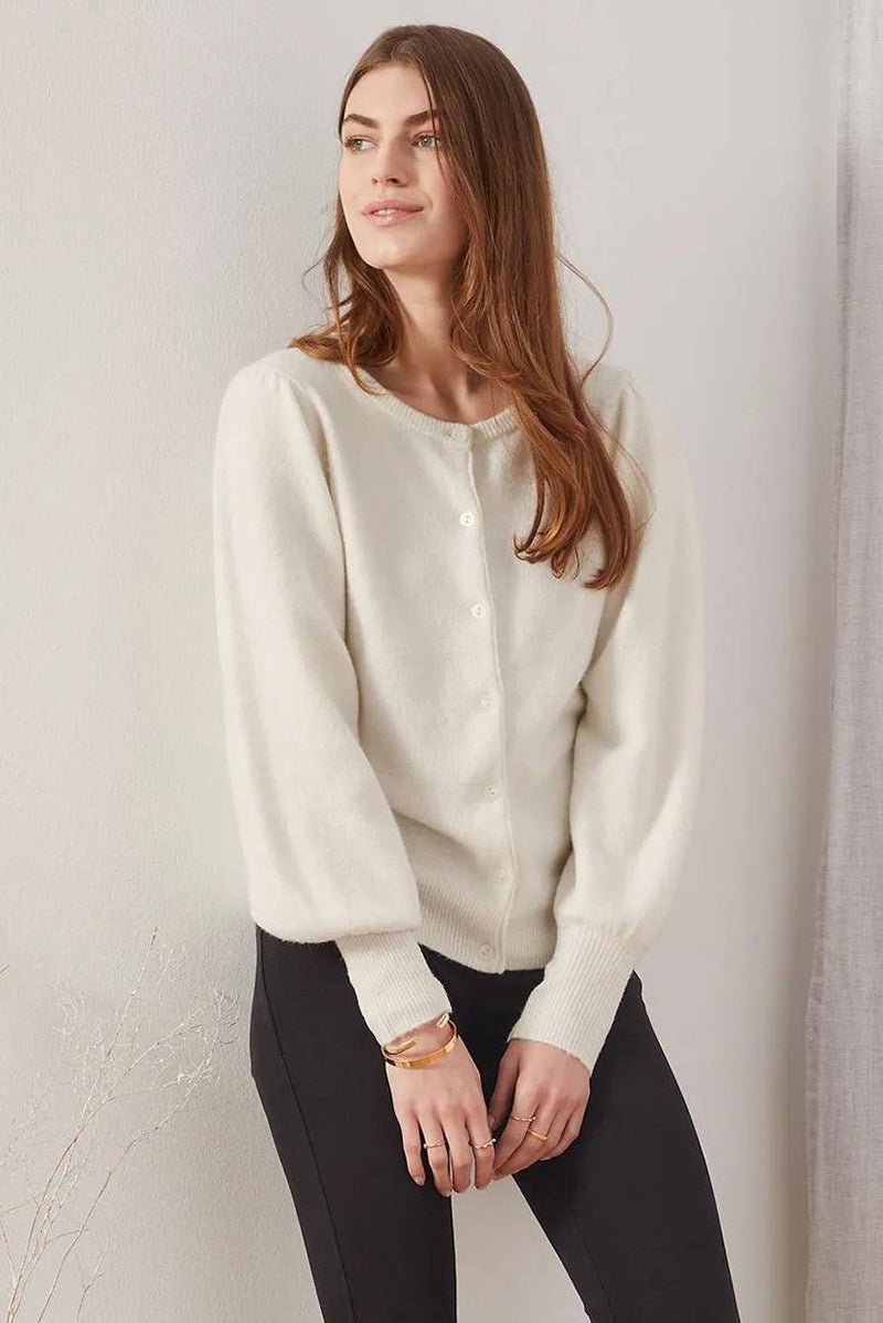 Women Fine Knit Puff Sleeves Cardigan, Cream