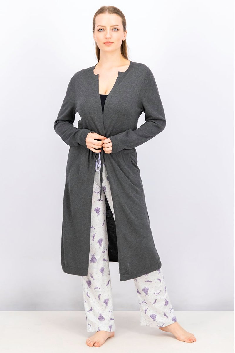 Women Heather Tie Waist Long Cardigan, Charcoal