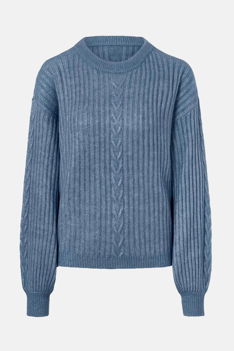 Women Crew Neck Knitted Sweater, Blue