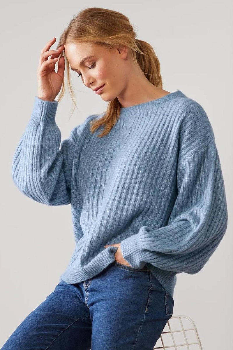 Women Crew Neck Knitted Sweater, Blue