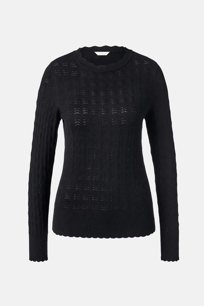 Women Scallop Neck Delicate Knit Sweater, Black