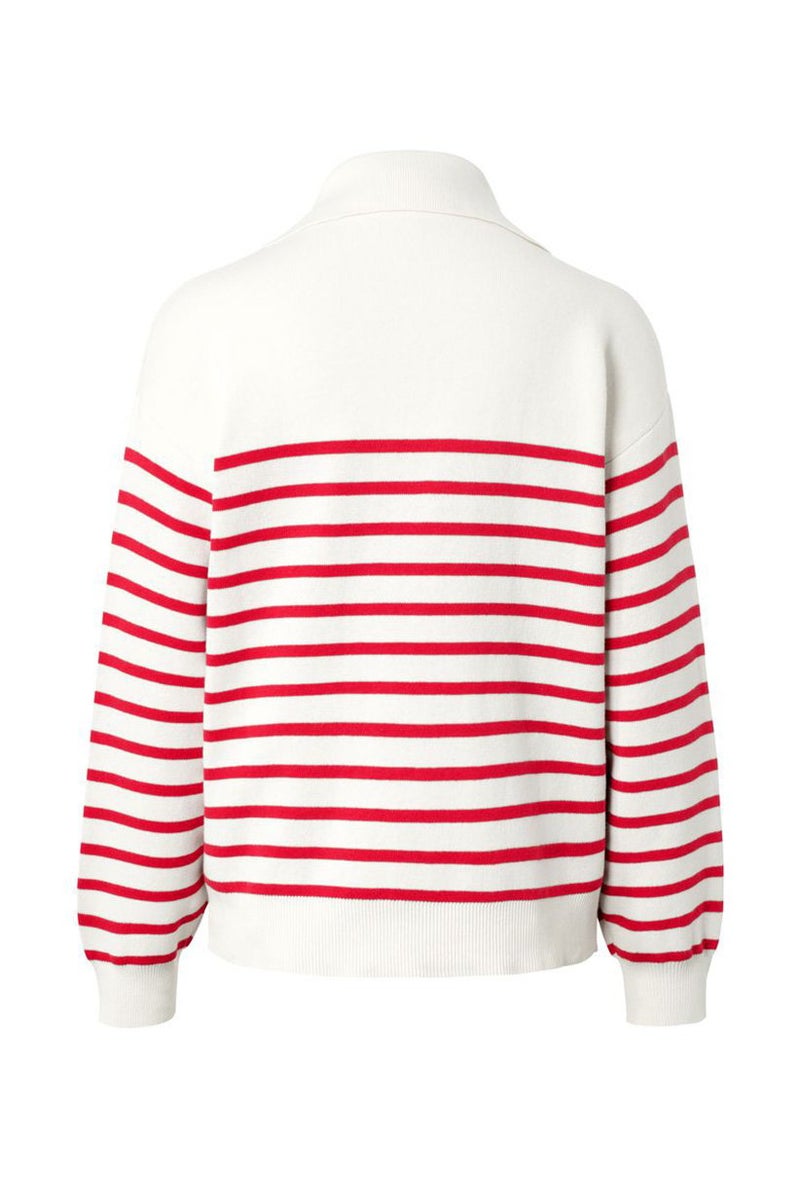 Women Spread Collar Stripe Sweater, Red And White