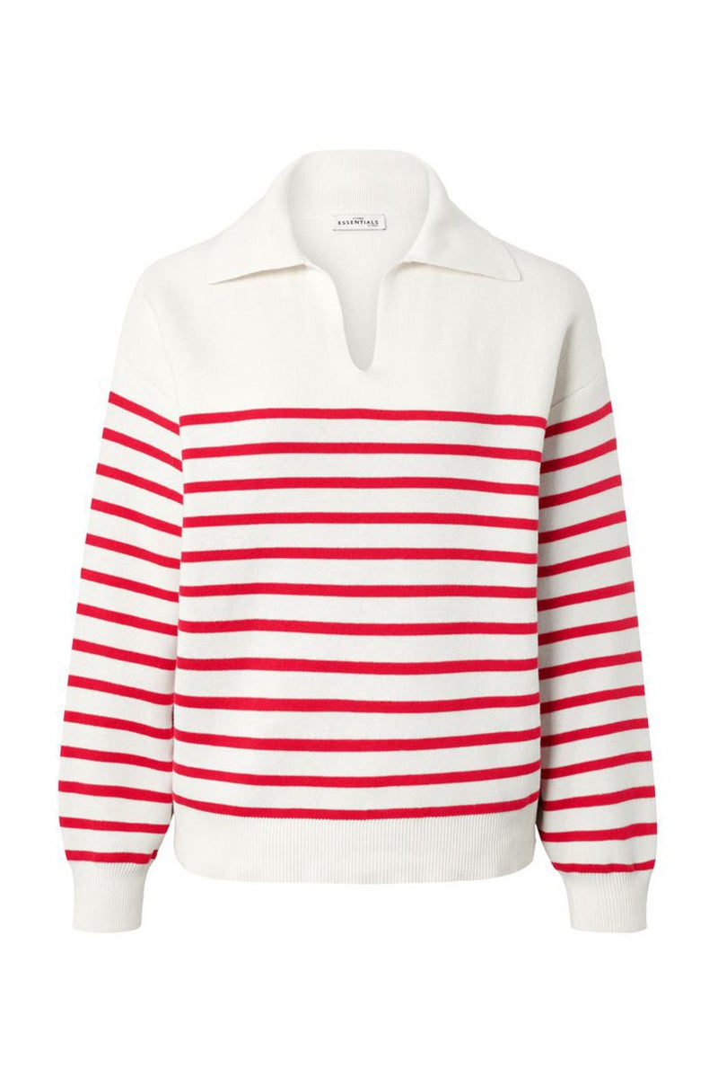 Women Spread Collar Stripe Sweater, Red And White