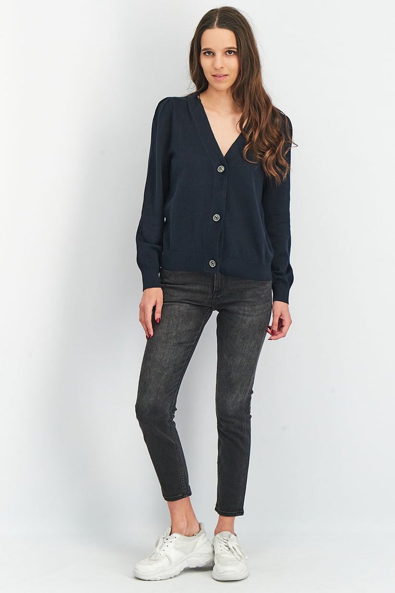 Women V-Neck Plain Cardigan, Black