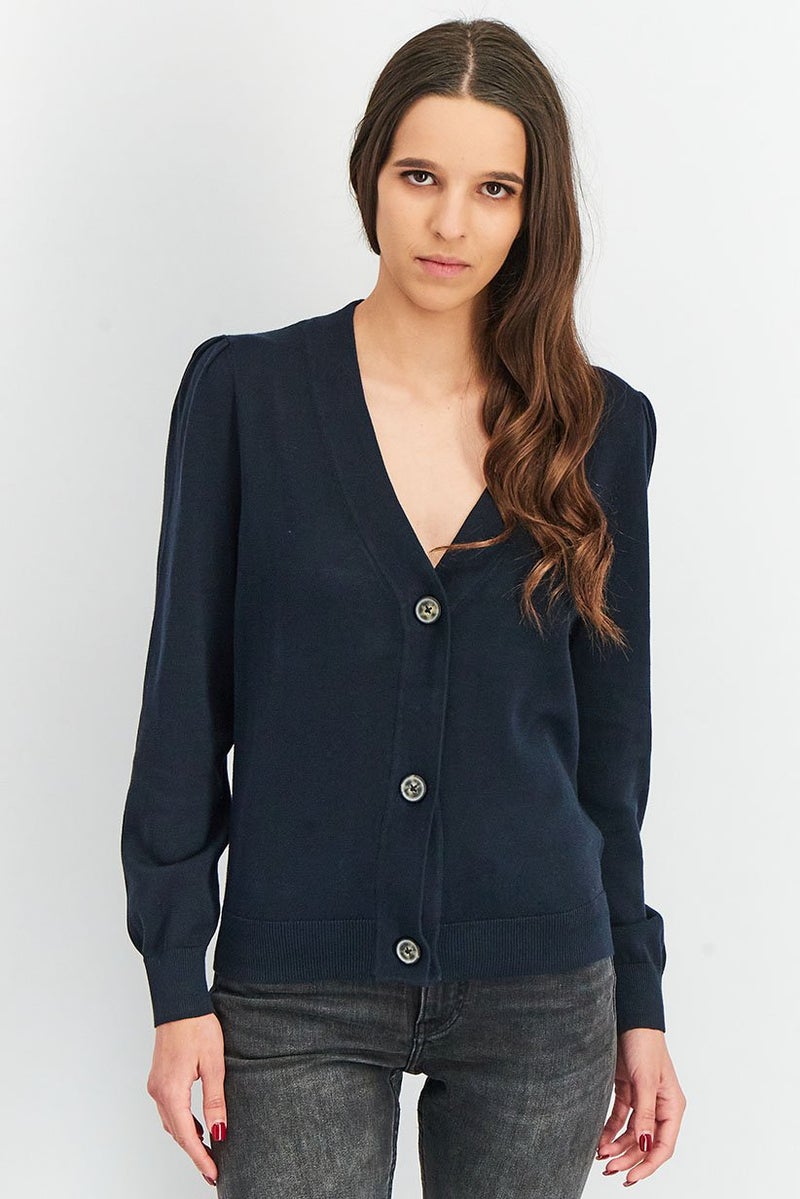 Women V-Neck Plain Cardigan, Black