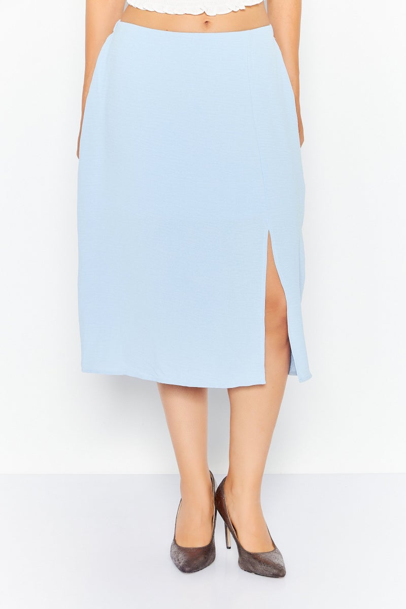 Women Solid Casual Midi Skirt, Blue