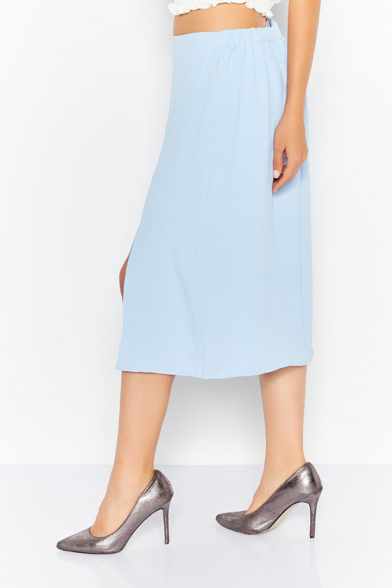 Women Solid Casual Midi Skirt, Blue