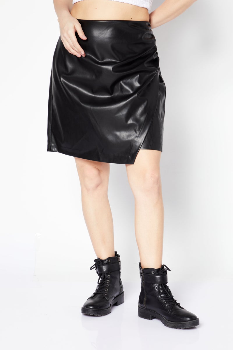 Women Faux-Leather Solid Mini Skirt, Black