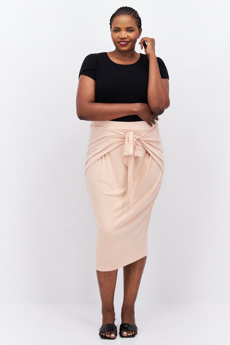 Women Plus Size Tie Front Midi Skirt, Peach