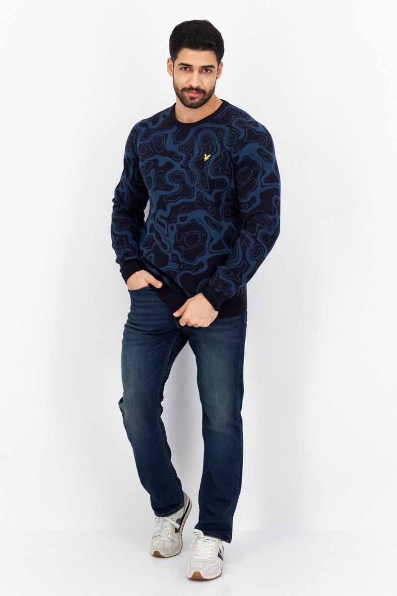 Men Crew Neck Abstract Knitted Sweater, Navy/Teal Blue