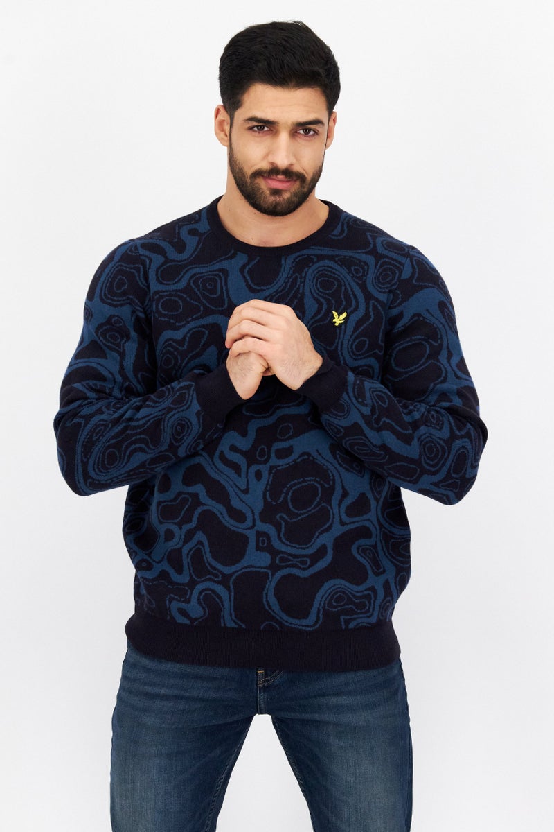 Men Crew Neck Abstract Knitted Sweater, Navy/Teal Blue